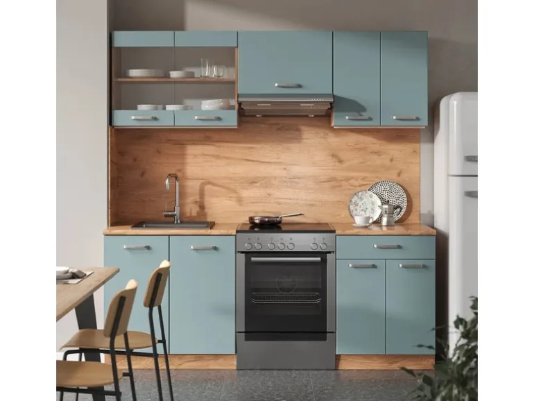 Vicco R-Line Küchenzeile Blau-Grau/Goldkraft Eiche 200 cm AP Eiche ohne E-Geräte