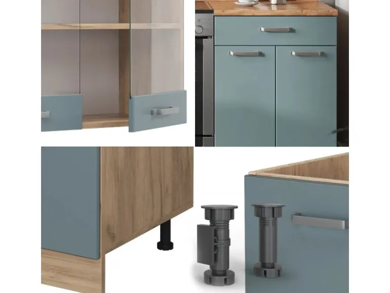 Vicco R-Line Küchenzeile Blau-Grau/Goldkraft Eiche 200 cm AP Eiche ohne E-Geräte