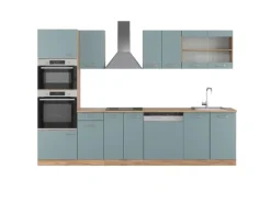 Vicco R-Line Küchenzeile Blau-Grau/Goldkraft Eiche 300 cm mit Hochschrankohne Arbeitsplatte ohne E-Geräte