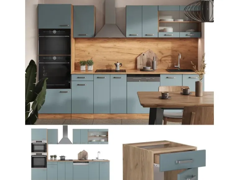 Vicco R-Line Küchenzeile Blau-Grau/Goldkraft Eiche 300 cm mit Hochschrankohne Arbeitsplatte ohne E-Geräte