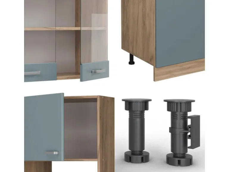 Vicco R-Line Küchenzeile Blau-Grau/Goldkraft Eiche 300 cm mit Hochschrankohne Arbeitsplatte ohne E-Geräte