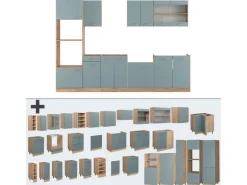 Vicco R-Line Küchenzeile Blau-Grau/Goldkraft Eiche 300 cm mit Hochschrankohne Arbeitsplatte ohne E-Geräte