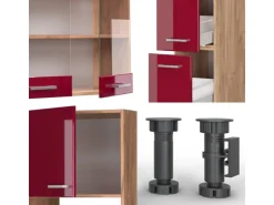 Vicco R-Line Küchenzeile Bordeaux Hochglanz/Goldkraft Eiche 350 cm mit Hochschrankohne Arbeitsplatte ohne E-Geräte