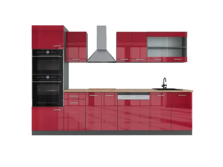 Vicco R-Line Küchenzeile Bordeaux Hochglanz/Anthrazit 300 cm mit HochschrankAP Eiche ohne E-Geräte