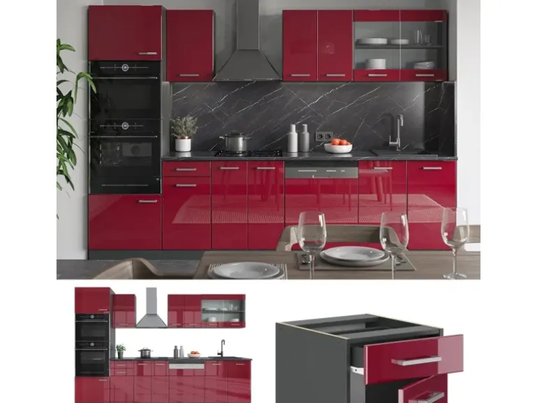 Vicco R-Line Küchenzeile Bordeaux Hochglanz/Anthrazit 300 cm mit HochschrankAP Eiche ohne E-Geräte