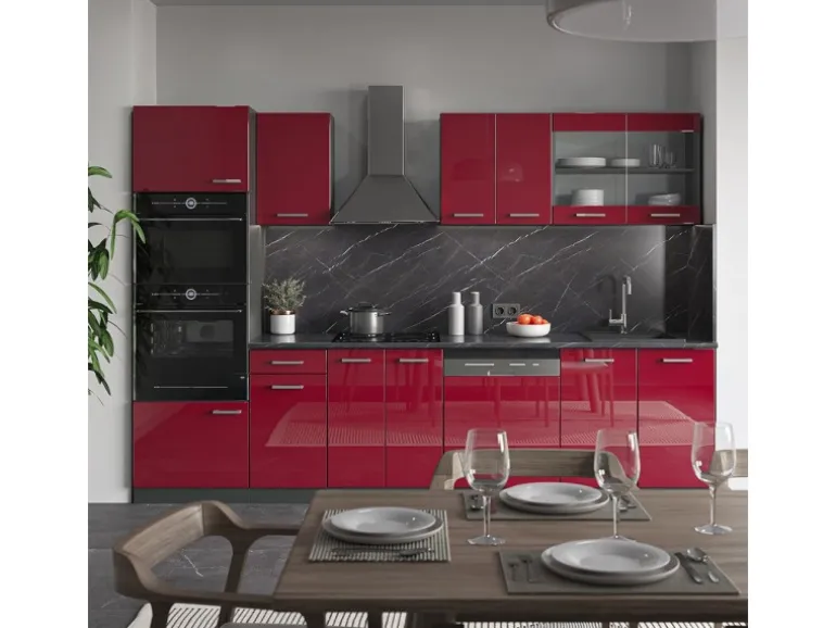 Vicco R-Line Küchenzeile Bordeaux Hochglanz/Anthrazit 300 cm mit HochschrankAP Eiche ohne E-Geräte