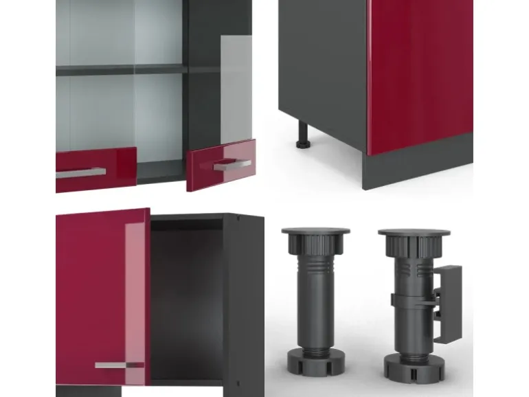 Vicco R-Line Küchenzeile Bordeaux Hochglanz/Anthrazit 300 cm mit HochschrankAP Eiche ohne E-Geräte