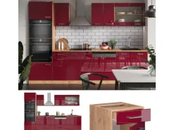 Vicco R-Line Küchenzeile Bordeaux Hochglanz/Goldkraft Eiche 300 cm mit Hochschrankohne Arbeitsplatte ohne E-Geräte