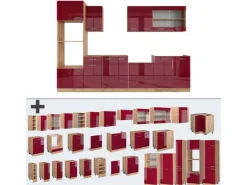 Vicco R-Line Küchenzeile Bordeaux Hochglanz/Goldkraft Eiche 300 cm mit Hochschrankohne Arbeitsplatte ohne E-Geräte