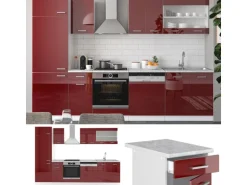 Vicco R-Line Küchenzeile Bordeaux Hochglanz/Weiß 300 cm AP Anthrazit ohne E-Geräte