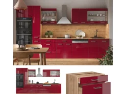 Vicco R-Line Küchenzeile Bordeaux Hochglanz/Goldkraft Eiche 350 cm mit HochschrankAP Marmor ohne E-Geräte