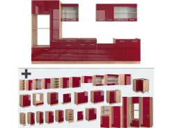 Vicco R-Line Küchenzeile Bordeaux Hochglanz/Goldkraft Eiche 350 cm mit HochschrankAP Marmor ohne E-Geräte