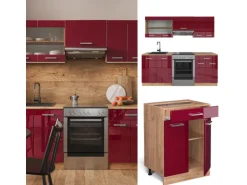 Vicco R-Line Küchenzeile Bordeaux Hochglanz/Goldkraft Eiche 200 cm ohne Arbeitsplatte ohne E-Geräte