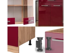 Vicco R-Line Küchenzeile Bordeaux Hochglanz/Goldkraft Eiche 200 cm ohne Arbeitsplatte ohne E-Geräte