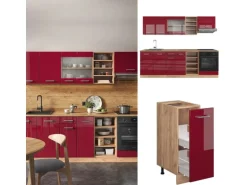 Vicco R-Line Küchenzeile Bordeaux Hochglanz/Goldkraft Eiche 240 cm AP Marmor ohne E-Geräte