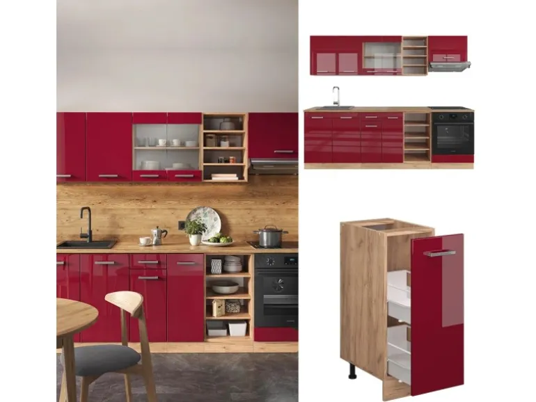 Vicco R-Line Küchenzeile Bordeaux Hochglanz/Goldkraft Eiche 240 cm AP Marmor ohne E-Geräte