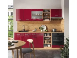 Vicco R-Line Küchenzeile Bordeaux Hochglanz/Goldkraft Eiche 240 cm AP Marmor ohne E-Geräte