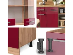 Vicco R-Line Küchenzeile Bordeaux Hochglanz/Goldkraft Eiche 240 cm AP Marmor ohne E-Geräte