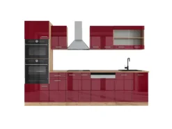 Vicco R-Line Küchenzeile Bordeaux Hochglanz/Goldkraft Eiche 300 cm mit HochschrankAP Eiche ohne E-Geräte