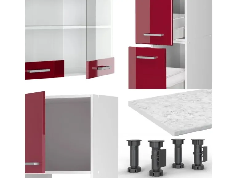 Vicco R-Line Küchenzeile Bordeaux Hochglanz/Weiß 350 cm mit Hochschrankohne Arbeitsplatte ohne E-Geräte