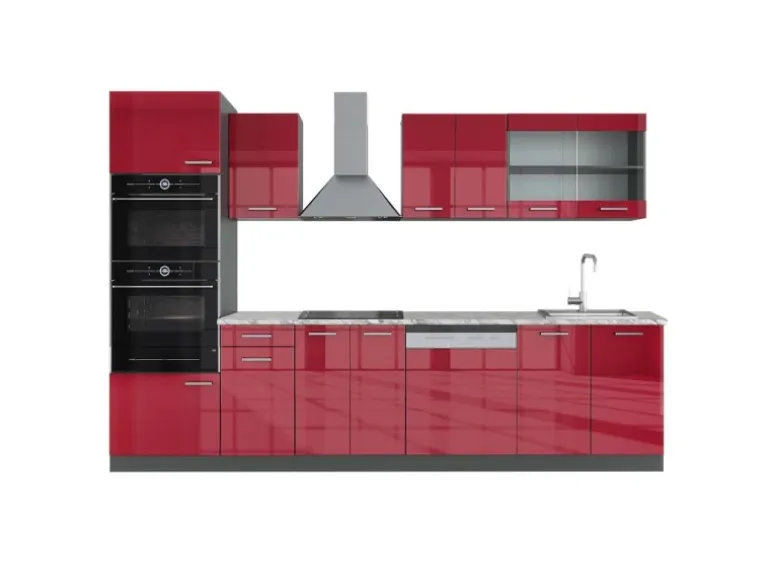 Vicco R-Line Küchenzeile Bordeaux Hochglanz/Anthrazit 300 cm mit HochschrankAP Marmor ohne E-Geräte