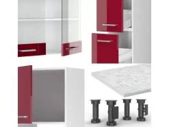 Vicco R-Line Küchenzeile Bordeaux Hochglanz/Weiß 350 cm mit HochschrankAP Marmor ohne E-Geräte