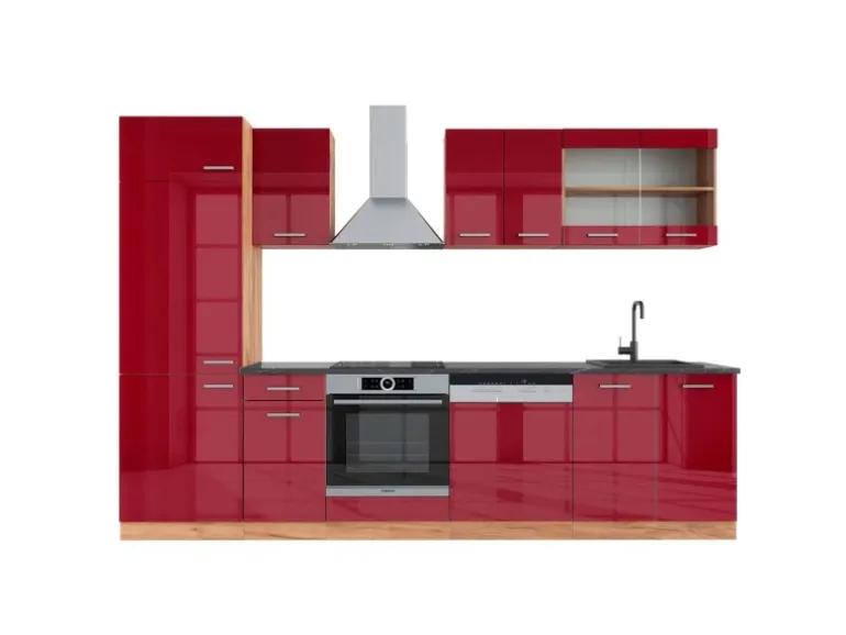 Vicco R-Line Küchenzeile Bordeaux Hochglanz/Goldkraft Eiche 300 cm AP Anthrazit ohne E-Geräte