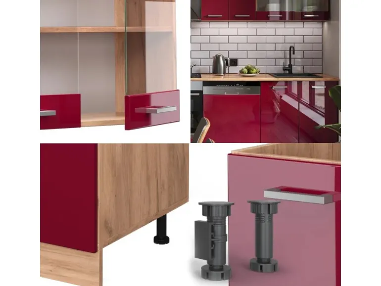 Vicco R-Line Küchenzeile Bordeaux Hochglanz/Goldkraft Eiche 300 cm AP Anthrazit ohne E-Geräte