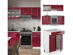 Vicco R-Line Küchenzeile Bordeaux Hochglanz/Weiß 200 cm AP Marmor ohne E-Geräte