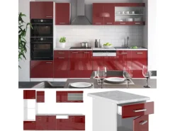 Vicco R-Line Küchenzeile Bordeaux Hochglanz/Weiß 300 cm mit HochschrankAP Eiche ohne E-Geräte