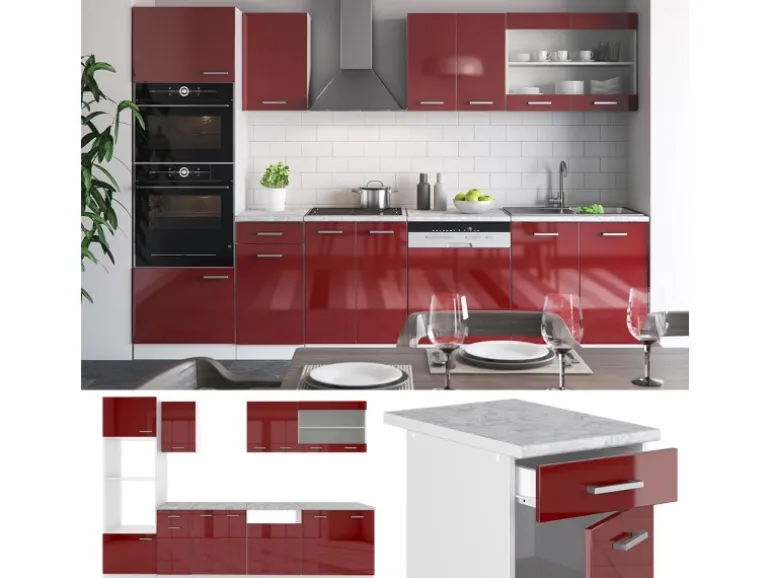 Vicco R-Line Küchenzeile Bordeaux Hochglanz/Weiß 300 cm mit HochschrankAP Eiche ohne E-Geräte