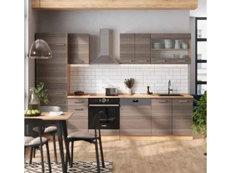 Vicco R-Line Küchenzeile Edelgrau/Goldkraft Eiche 300 cm AP Marmor ohne E-Geräte