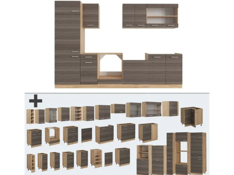 Vicco R-Line Küchenzeile Edelgrau/Goldkraft Eiche 300 cm AP Marmor ohne E-Geräte