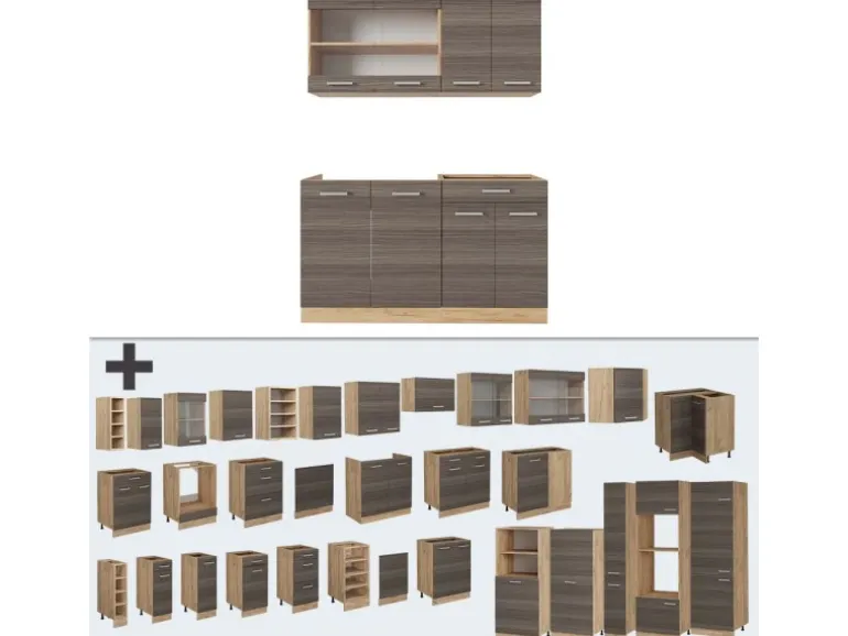 Vicco R-Line Küchenzeile Edelgrau/Goldkraft Eiche 140 cm AP Eiche ohne E-Geräte