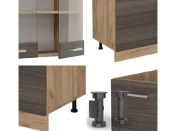 Vicco R-Line Küchenzeile Edelgrau/Goldkraft Eiche 300 cm mit HochschrankAP Eiche ohne E-Geräte