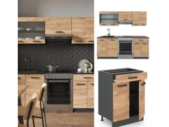 Vicco R-Line Küchenzeile Goldkraft Eiche/Anthrazit 200 cm ohne Arbeitsplatte ohne E-Geräte