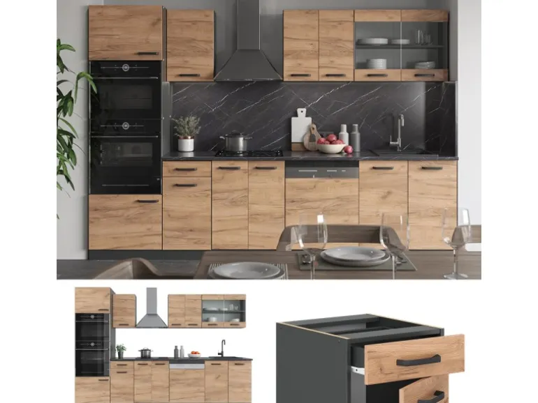 Vicco R-Line Küchenzeile Goldkraft Eiche/Anthrazit 300 cm mit HochschrankAP Marmor ohne E-Geräte