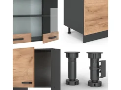 Vicco R-Line Küchenzeile Goldkraft Eiche/Anthrazit 300 cm mit HochschrankAP Marmor ohne E-Geräte