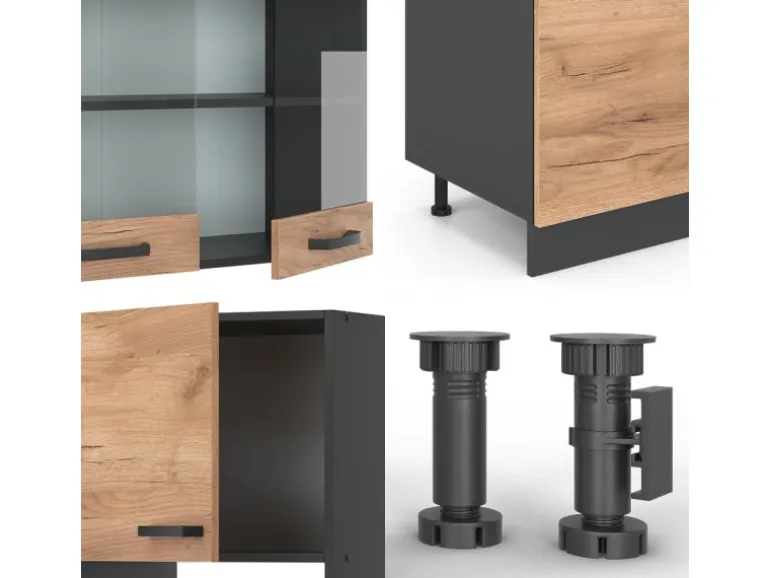 Vicco R-Line Küchenzeile Goldkraft Eiche/Anthrazit 300 cm mit HochschrankAP Marmor ohne E-Geräte