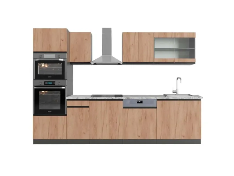 Vicco R-Line Küchenzeile Goldkraft Eiche/Anthrazit 300 cm mit HochschrankAP Marmor ohne E-Geräte