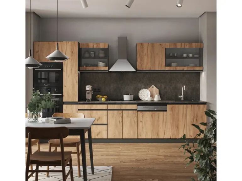 Vicco R-Line Küchenzeile Goldkraft Eiche/Anthrazit 350 cm J-Shapemit Hochschrankohne Arbeitsplatte ohne E-Geräte