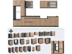 Vicco R-Line Küchenzeile Goldkraft Eiche/Anthrazit 350 cm J-Shapemit Hochschrankohne Arbeitsplatte ohne E-Geräte