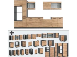 Vicco R-Line Küchenzeile Goldkraft Eiche/Anthrazit 350 cm mit Hochschrankohne Arbeitsplatte ohne E-Geräte