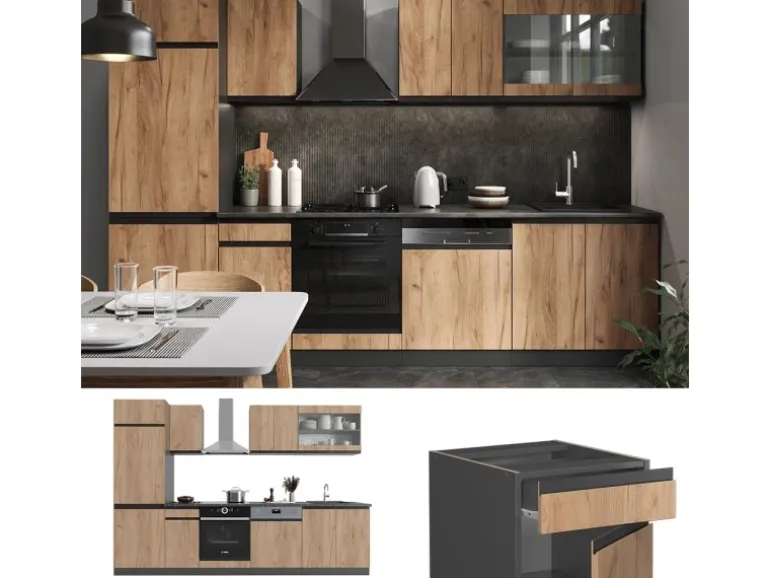 Vicco R-Line Küchenzeile Goldkraft Eiche/Anthrazit 300 cm AP Anthrazit ohne E-Geräte