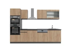 Vicco R-Line Küchenzeile Goldkraft Eiche/Anthrazit 300 cm J-Shapemit Hochschrankohne Arbeitsplatte ohne E-Geräte