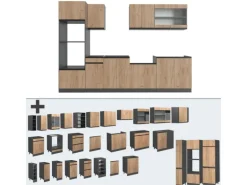 Vicco R-Line Küchenzeile Goldkraft Eiche/Anthrazit 300 cm J-Shapemit Hochschrankohne Arbeitsplatte ohne E-Geräte