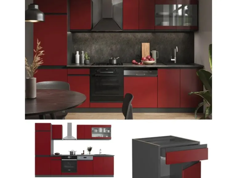 Vicco R-Line Küchenzeile Rot/Anthrazit 300 cm AP Marmor ohne E-Geräte