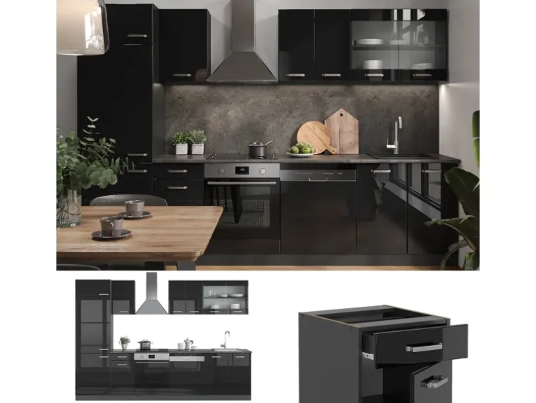 Vicco R-Line Küchenzeile Schwarz Hochglanz/Anthrazit 300 cm AP Eiche ohne E-Geräte