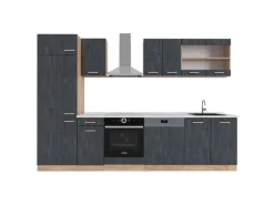 Vicco R-Line Küchenzeile Schwarz Beton/Goldkraft Eiche 300 cm AP Marmor ohne E-Geräte