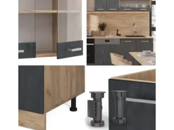 Vicco R-Line Küchenzeile Schwarz Beton/Goldkraft Eiche 300 cm AP Marmor ohne E-Geräte